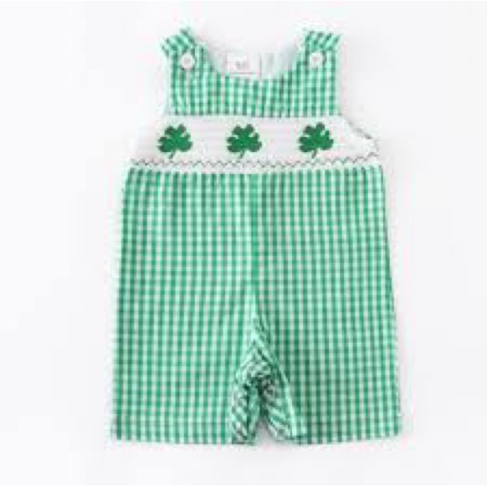 Marie Nicole gingham smocked romper shamrock embroidery for St. Patrick's Day.